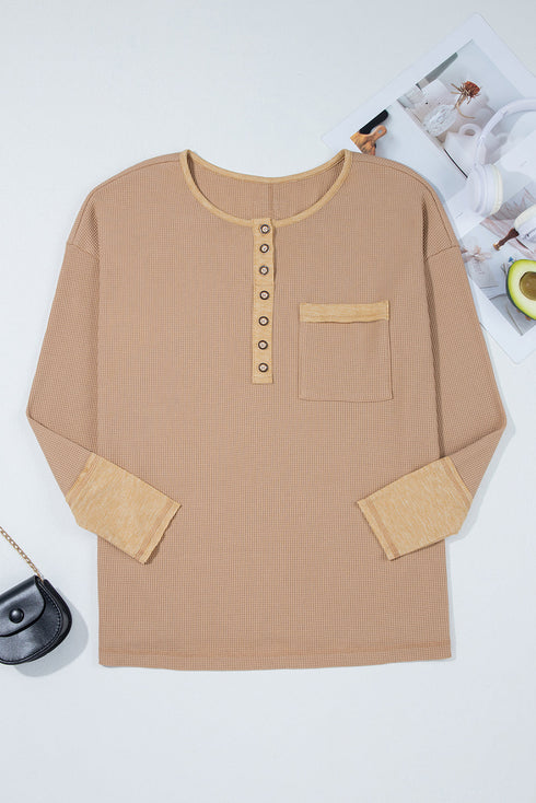 Color Block Waffle Textured Tunic Henley Top with Slits